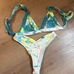 ONEONE Swimwear Set Kameron Top Jesse Bottom Green White Tie Dye Women's Medium